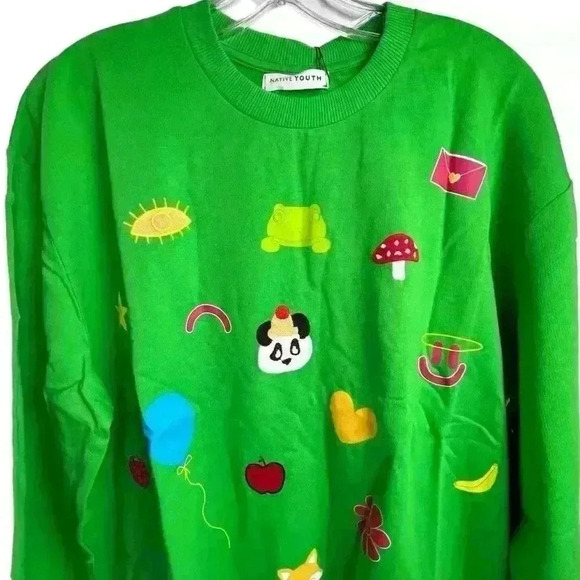 ASOS “Native Youth” Oversized Green Sweatshirt Fox Panda Embroidery Adult Small - Picture 5 of 15